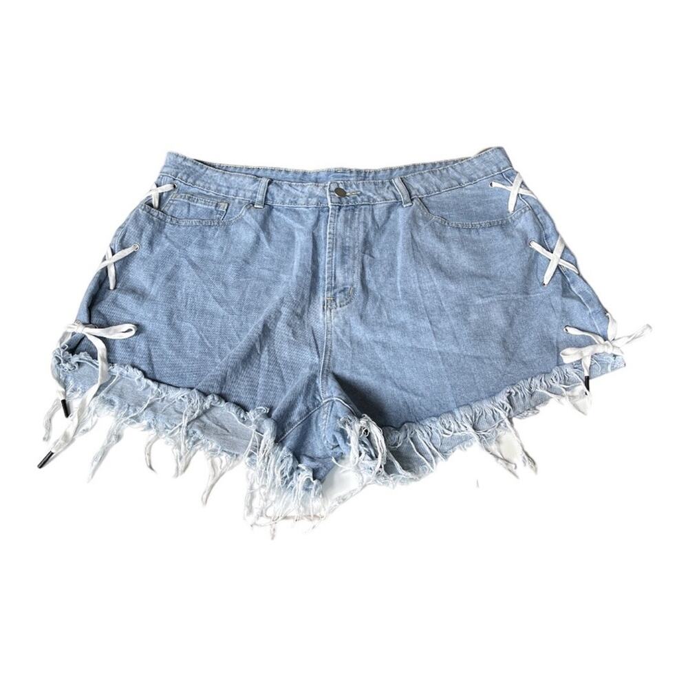 Shein Lace Up Sides Cutoff Jean Shorts Blue Size 3XL - Picture 6 of 6